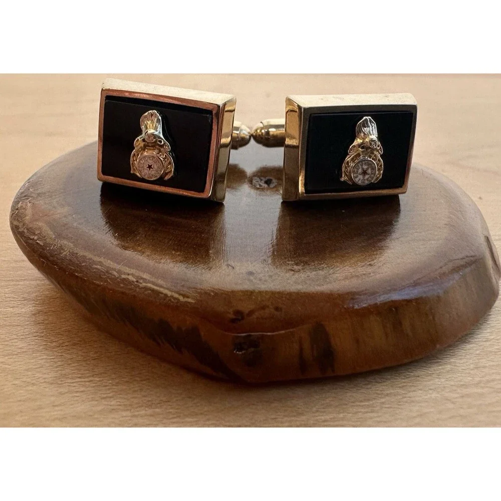 Vintage Anson BPOE Elks Lodge Cufflinks Gold Tone Black Enamel Fraternal